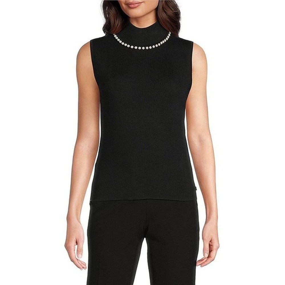 Karl Lagerfeld Paris Women Black Ribbed Knit Pearl Mock Neck Sleeveless Top S